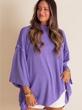 Mock Neck Ribbed Oversized Lavender Tunic Sweater - Women